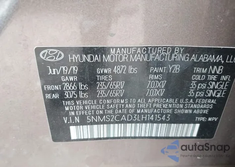 2020 Hyundai Santa Fe Se z USA, uszkodzony, nr VIN 5NMS2CAD3LH141543